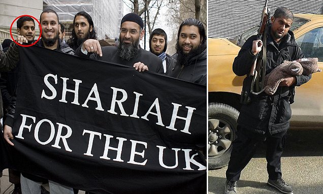 Abu Rumaysah ( back far left - ID confirmed by Chris Greenwood ) Anjem Choudary Of Islam4Uk, seen with supporters on Millbank in central London, After Giving A Press Conference At Millbank House. (Photo by John Phillips/UK Press via Getty Images)